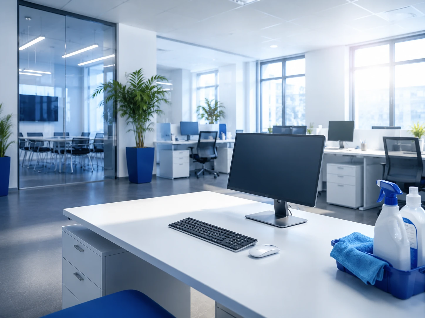 Büroreinigung: gereinigte Arbeitsplätze und Böden in einem Büro